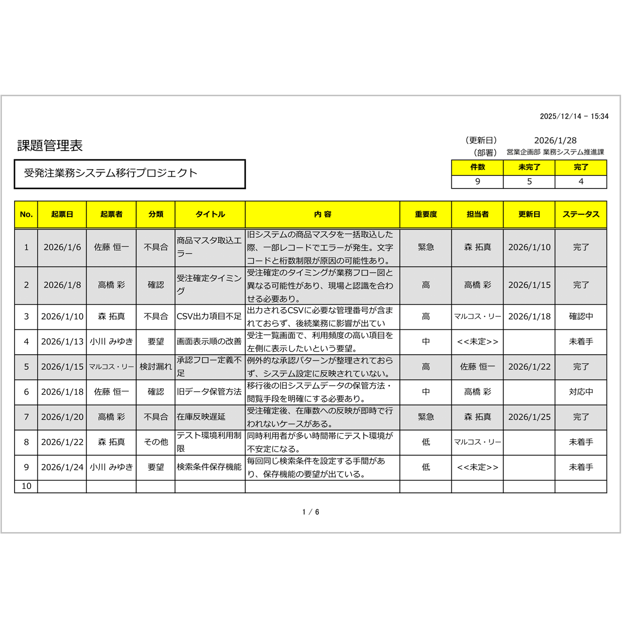 【無料Excel・2026年版】課題管理表テンプレート｜プロジェクト管理向け・入力補助・フィルター付き
