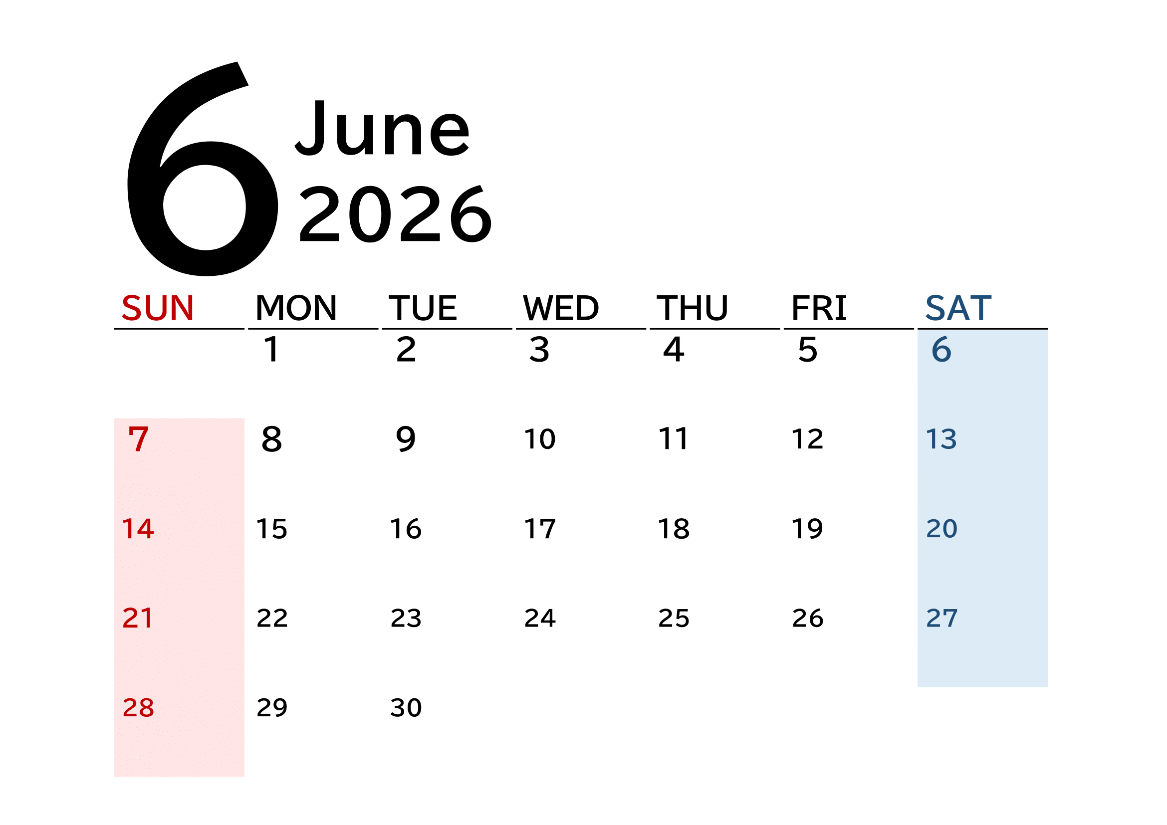 2026年（令和8年）カレンダー（月単位）｜無料Excelテンプレート・６月
