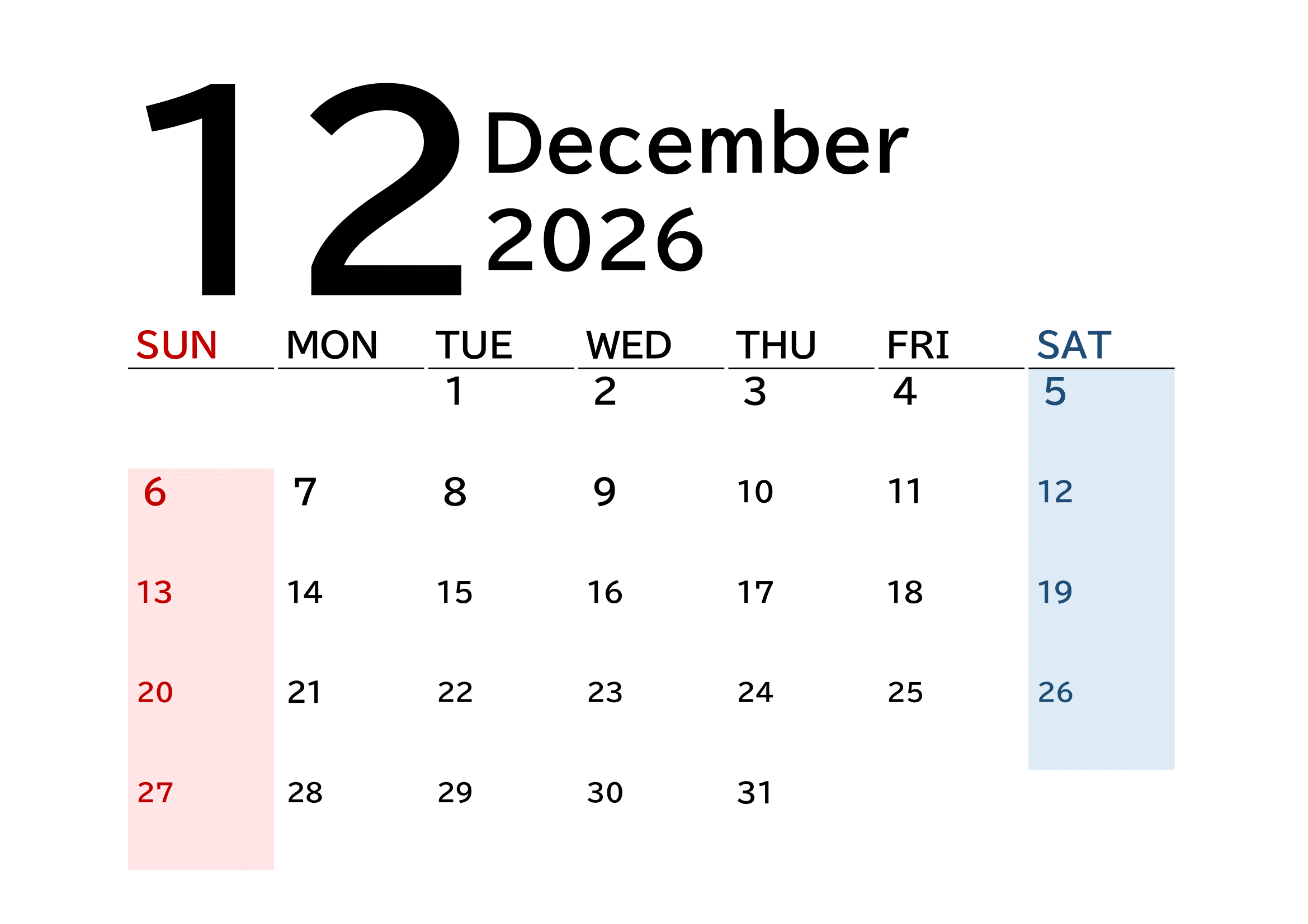 2026年（令和8年）カレンダー（月単位）｜無料Excelテンプレート・１２月